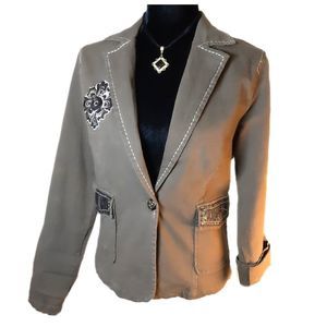 Aziz Boho Taupe Stretch Denim and Leather Blazer, sz L